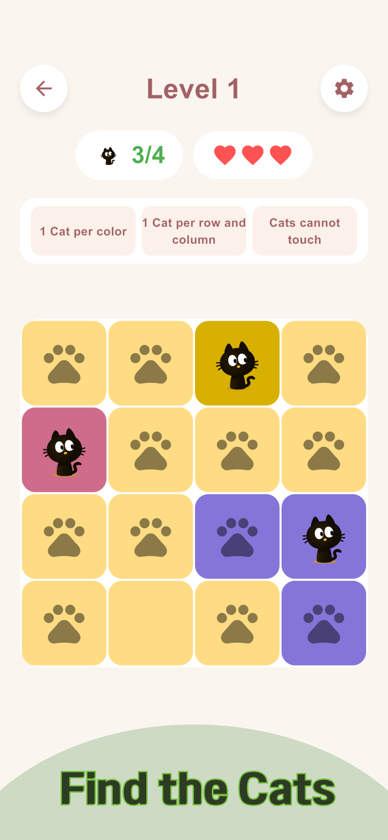 Find the Cats promotional screen showing a nearly completed 4 by 4 puzzle