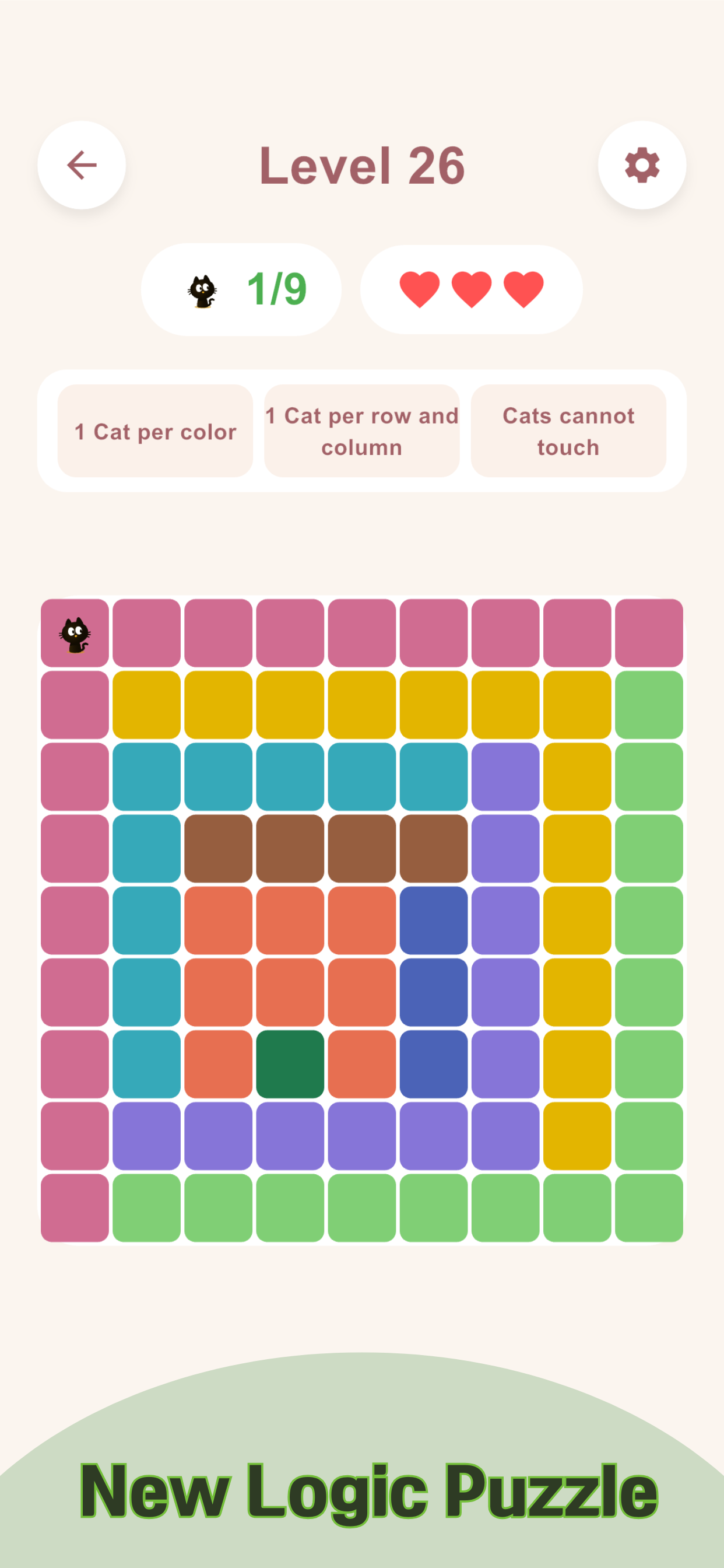 New Logic Puzzle promotional screen showing a 9 by 9 Catdoku board
