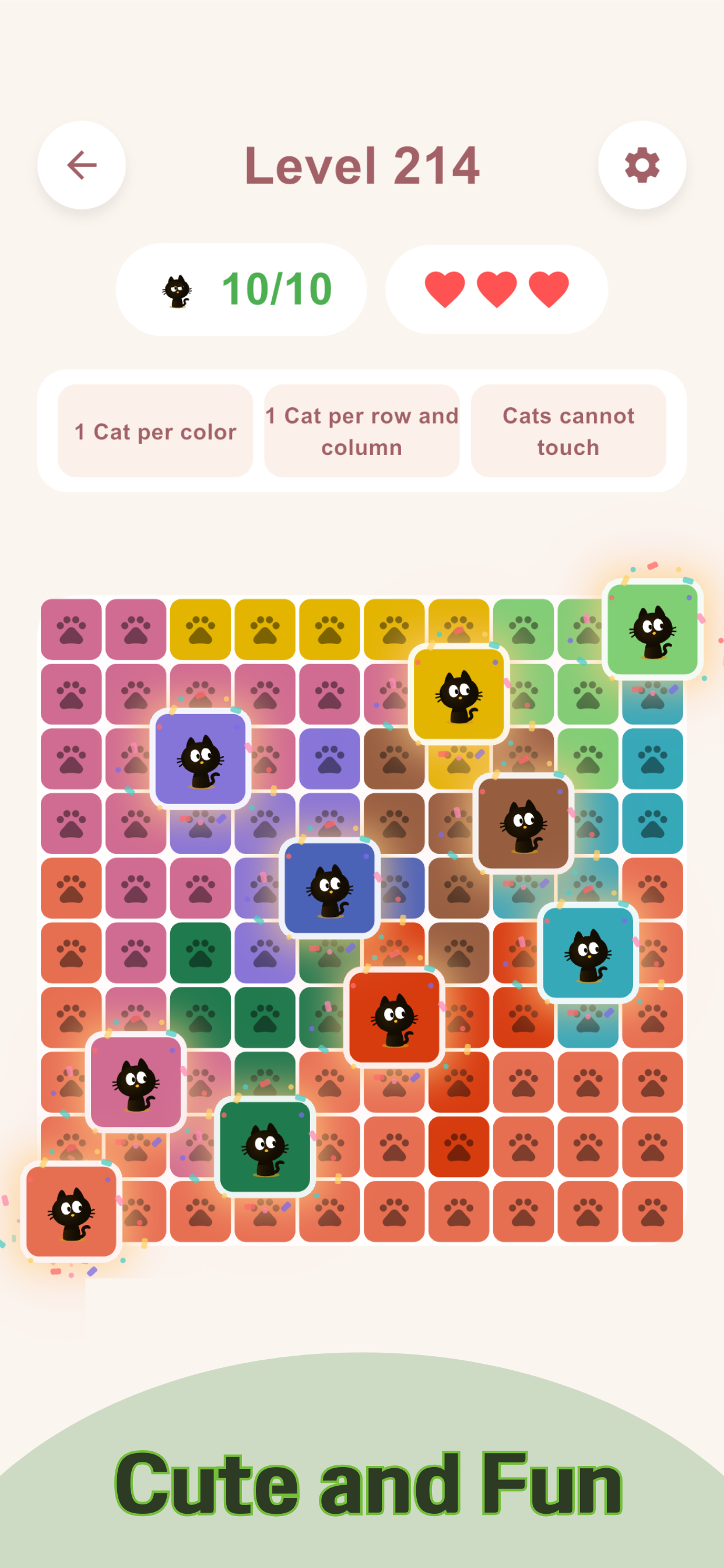 Cute and Fun promotional screen showing a completed Catdoku board with confetti